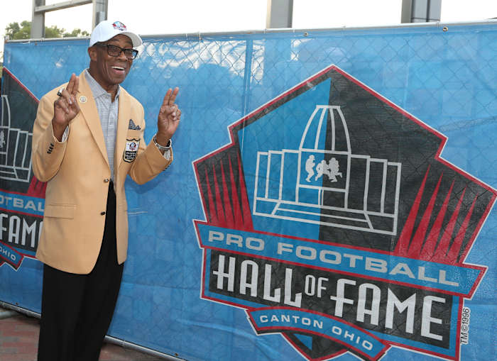Lions Hall of Famer Lem Barney arrives at the 2017 Pro Football Hall of Fame enshrinement ceremonies at Tom Benson Hall of Fame Stadium in Canton, Ohio.